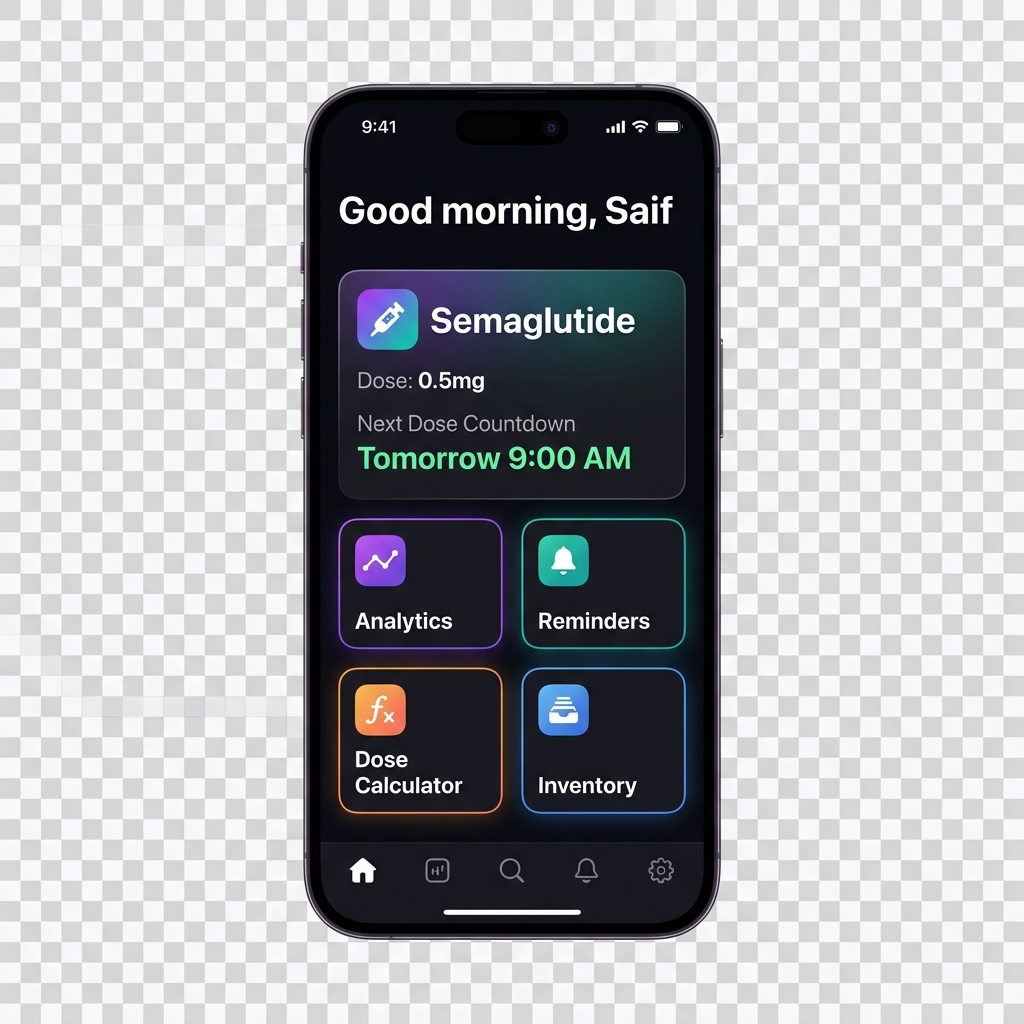 Peptide AI app dashboard showing dose tracking, analytics, and smart reminders